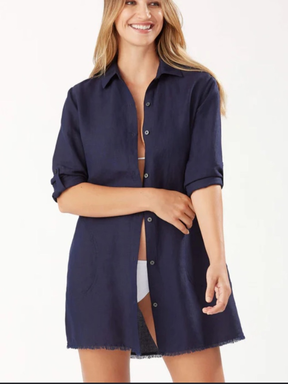 Tommy Bahama St Lucia Boyfriend Shirt Coverup. Navy   Linen XL